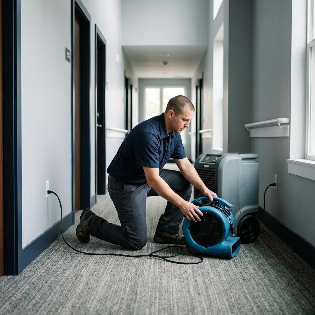 Restoration technician placing drying equipment in a building corridor